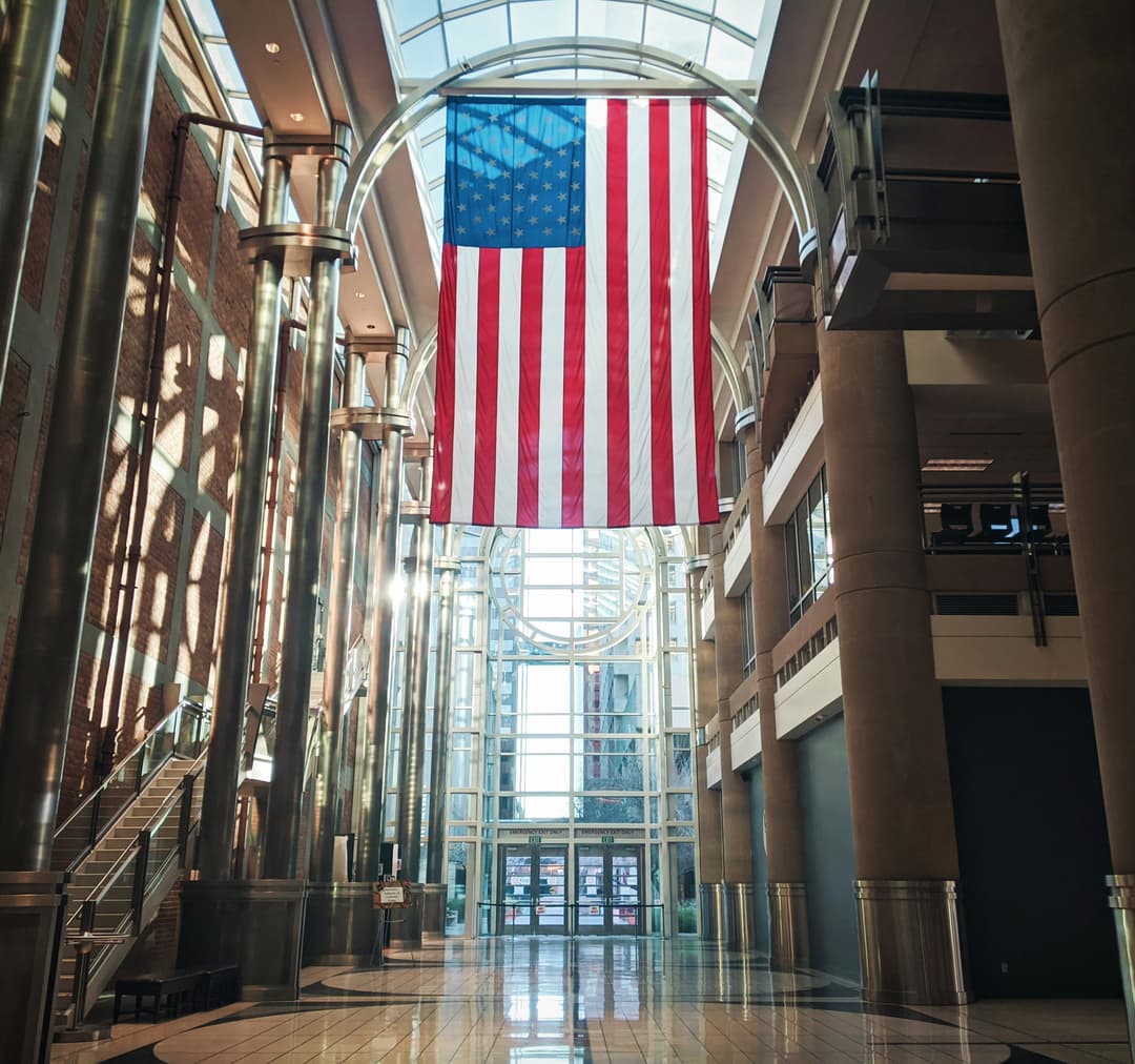 Professional lobby with American flag - Representing trust and integrity in political consulting
